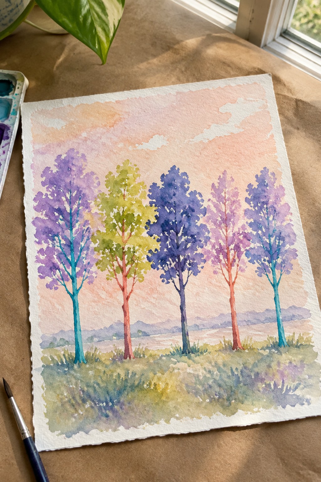 Watercolor painting of colorful trees in a pastel meadow with palette and brush nearby