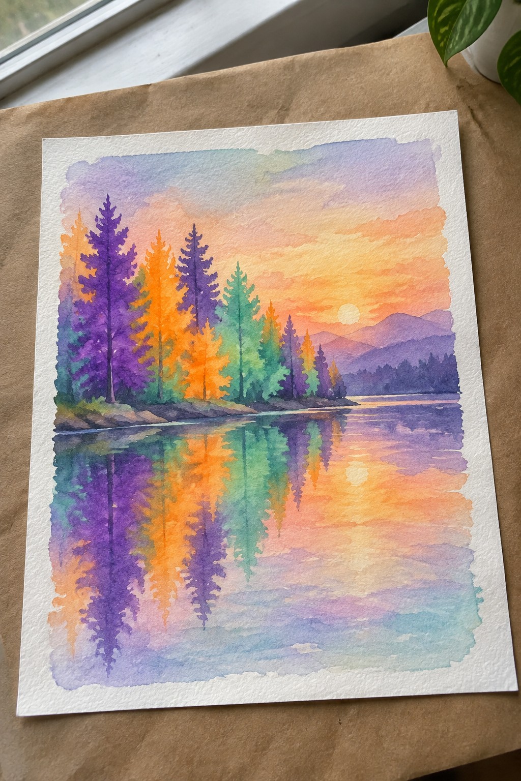 Watercolor landscape of multicolored pine trees with reflections in water at sunset and mountains in the distance.