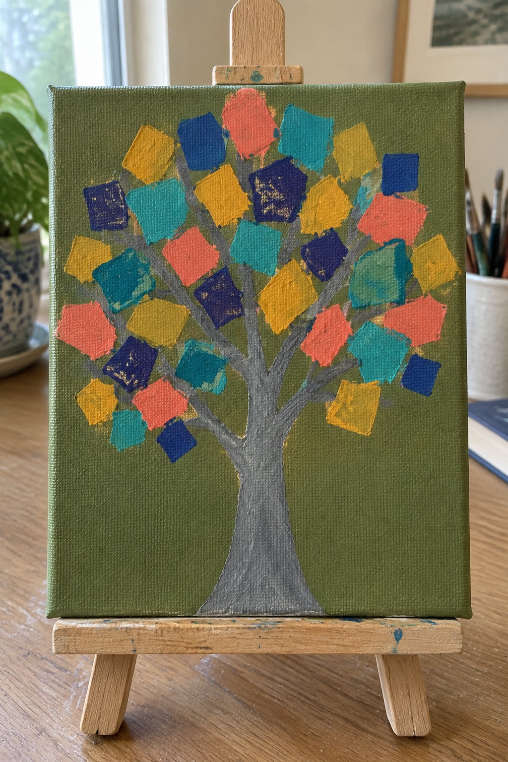 Colorful square leaves adorn gray tree on green canvas atop wooden easel.