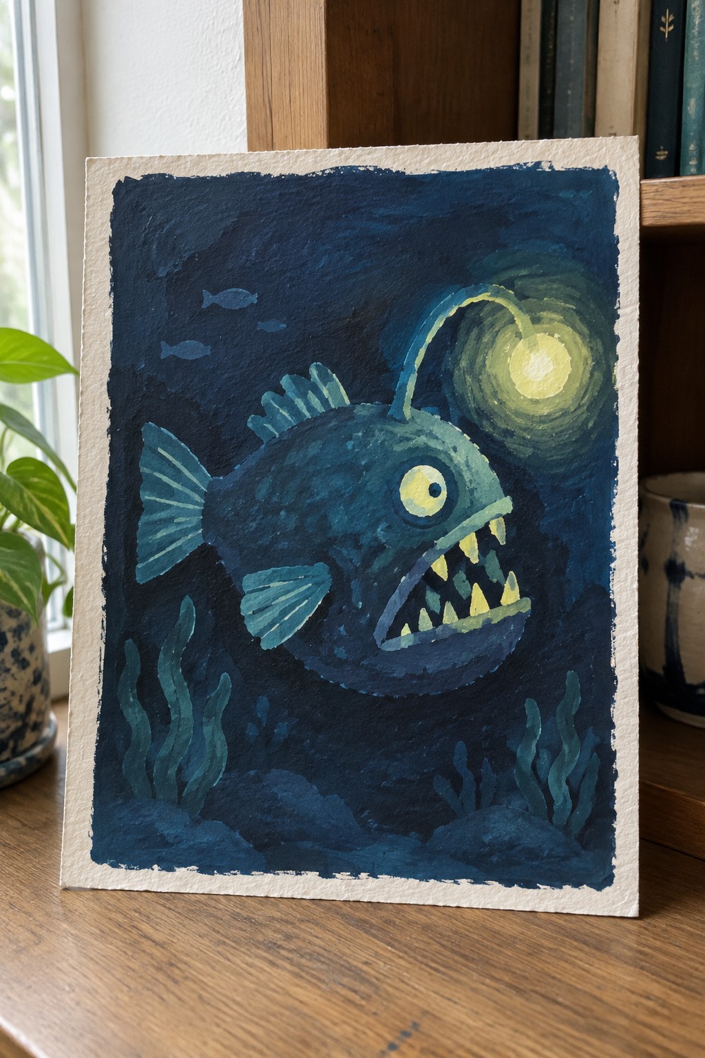 Watercolor painting of fierce anglerfish with glowing lure, sharp teeth, and yellow eye in dark blue sea