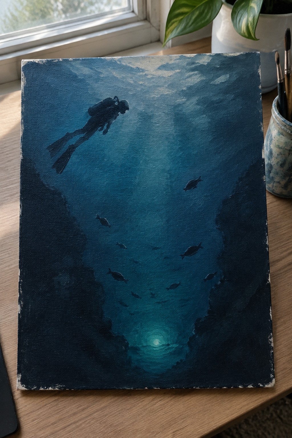 Underwater painting of silhouetted diver and fish in deep blue ocean on table