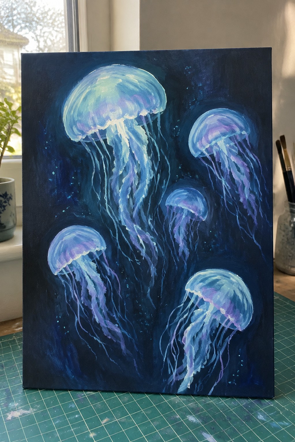 Five luminescent jellyfish in blue and purple hues on dark navy canvas painting