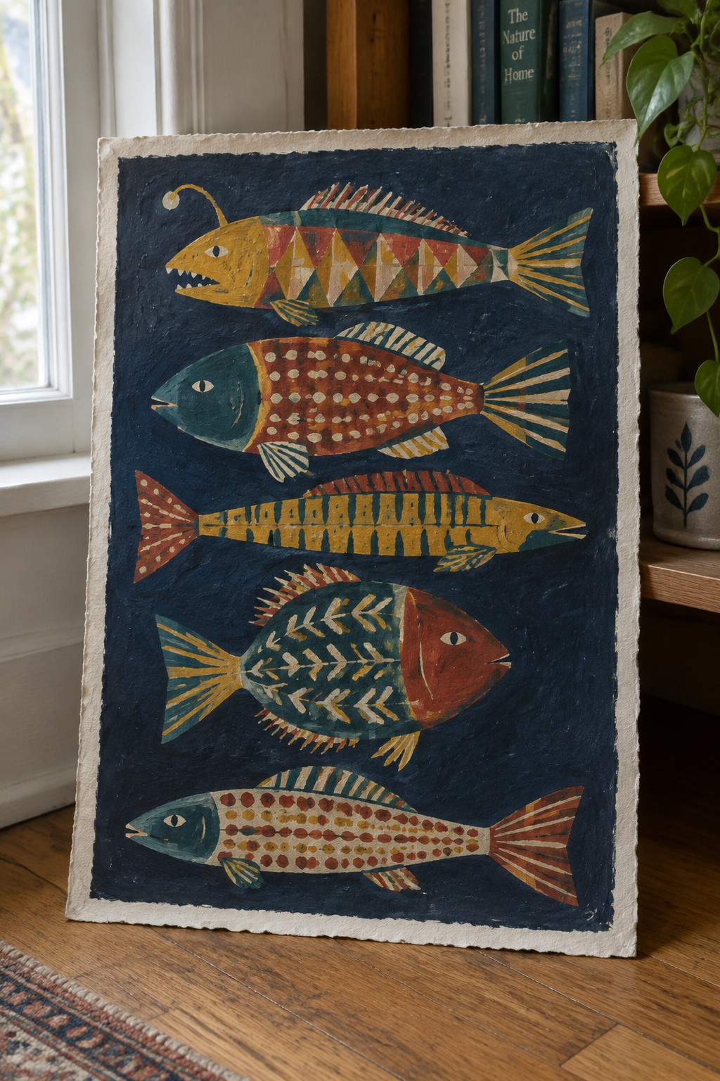 Five colorful patterned fish on dark blue textured background with white border