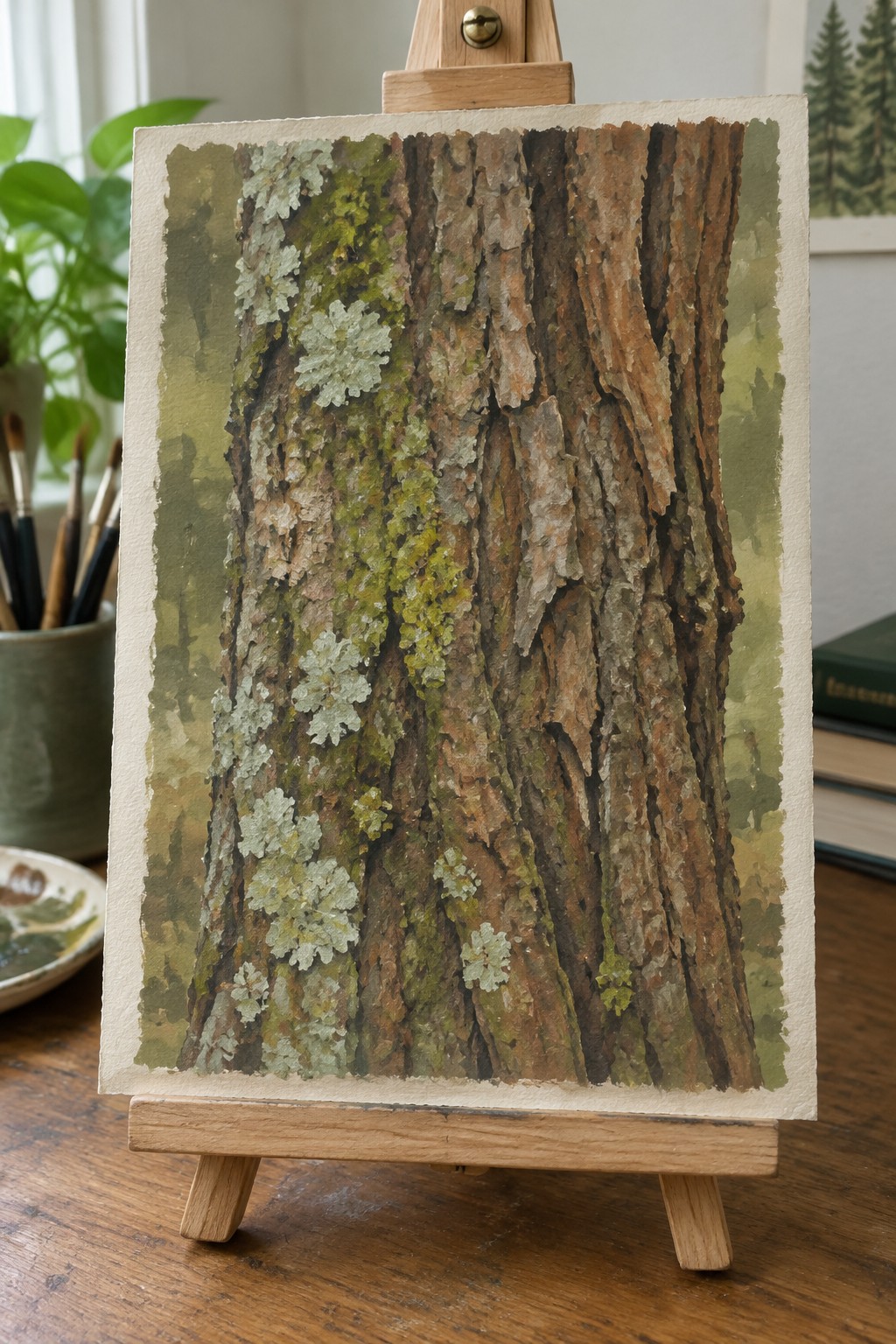 Watercolor of tree bark with lichen on wooden easel amid art supplies