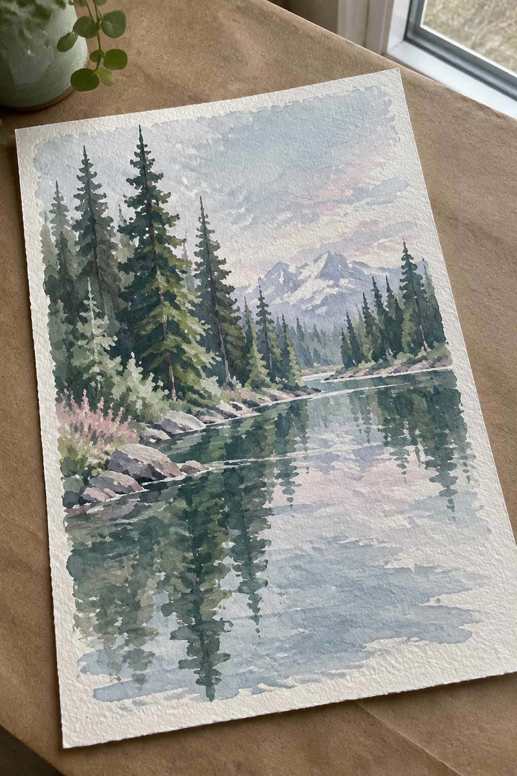 Watercolor painting of pine trees reflected in calm lake with distant mountains
