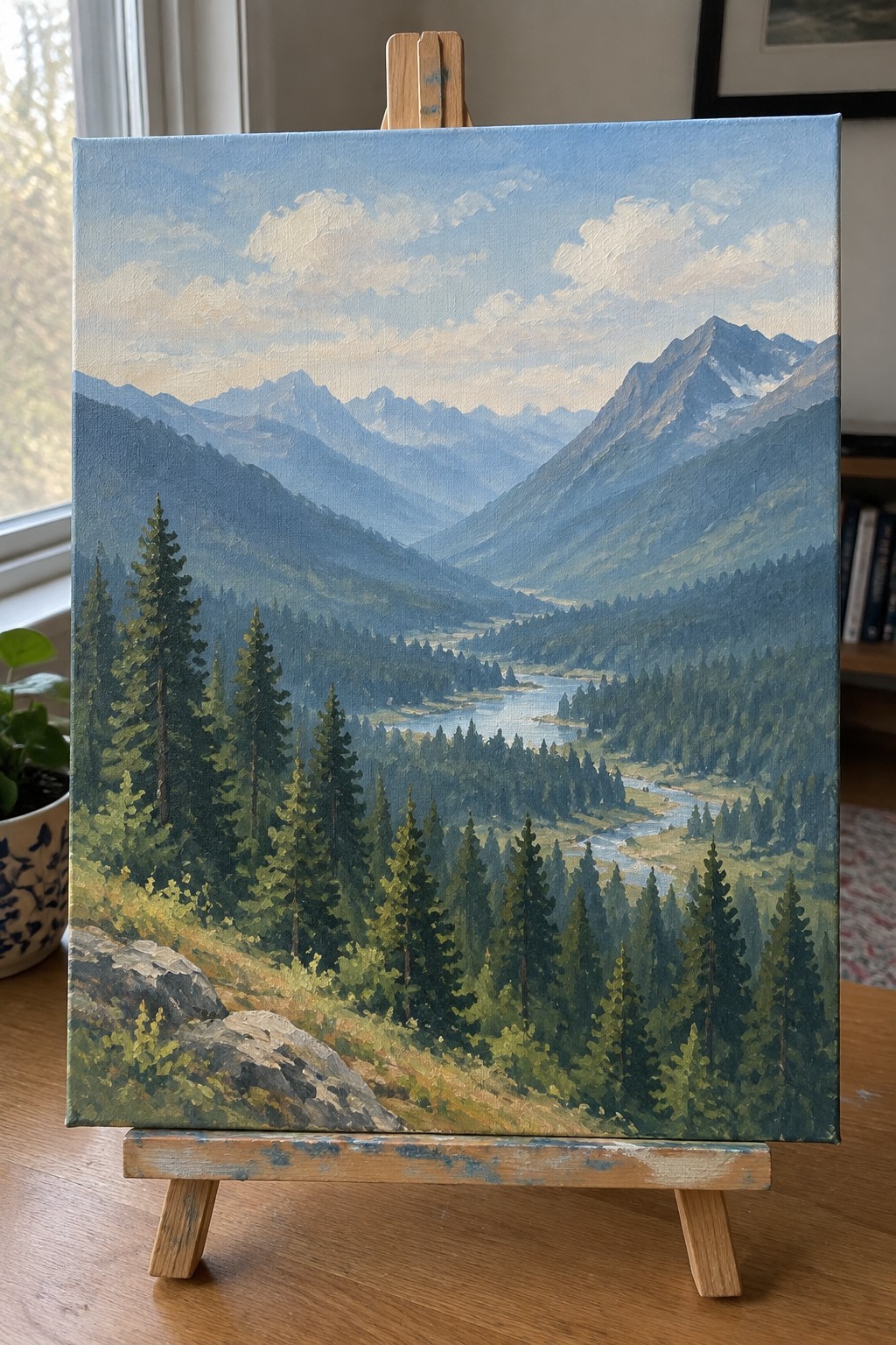 Mountain landscape painting with river and dense forests on wooden easel