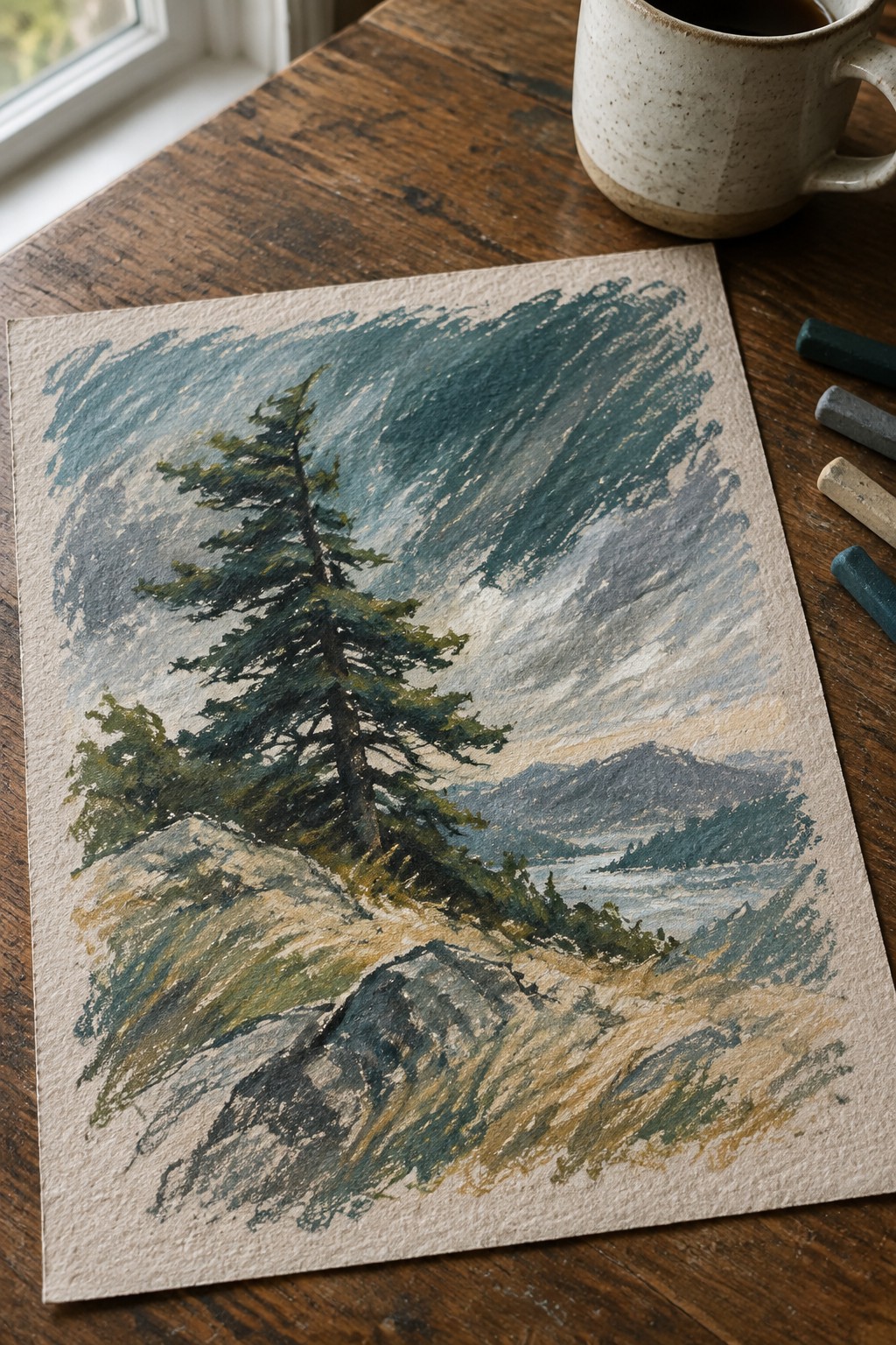 Watercolor landscape of tall pine tree on rocky hill by lake and mountains beside mug