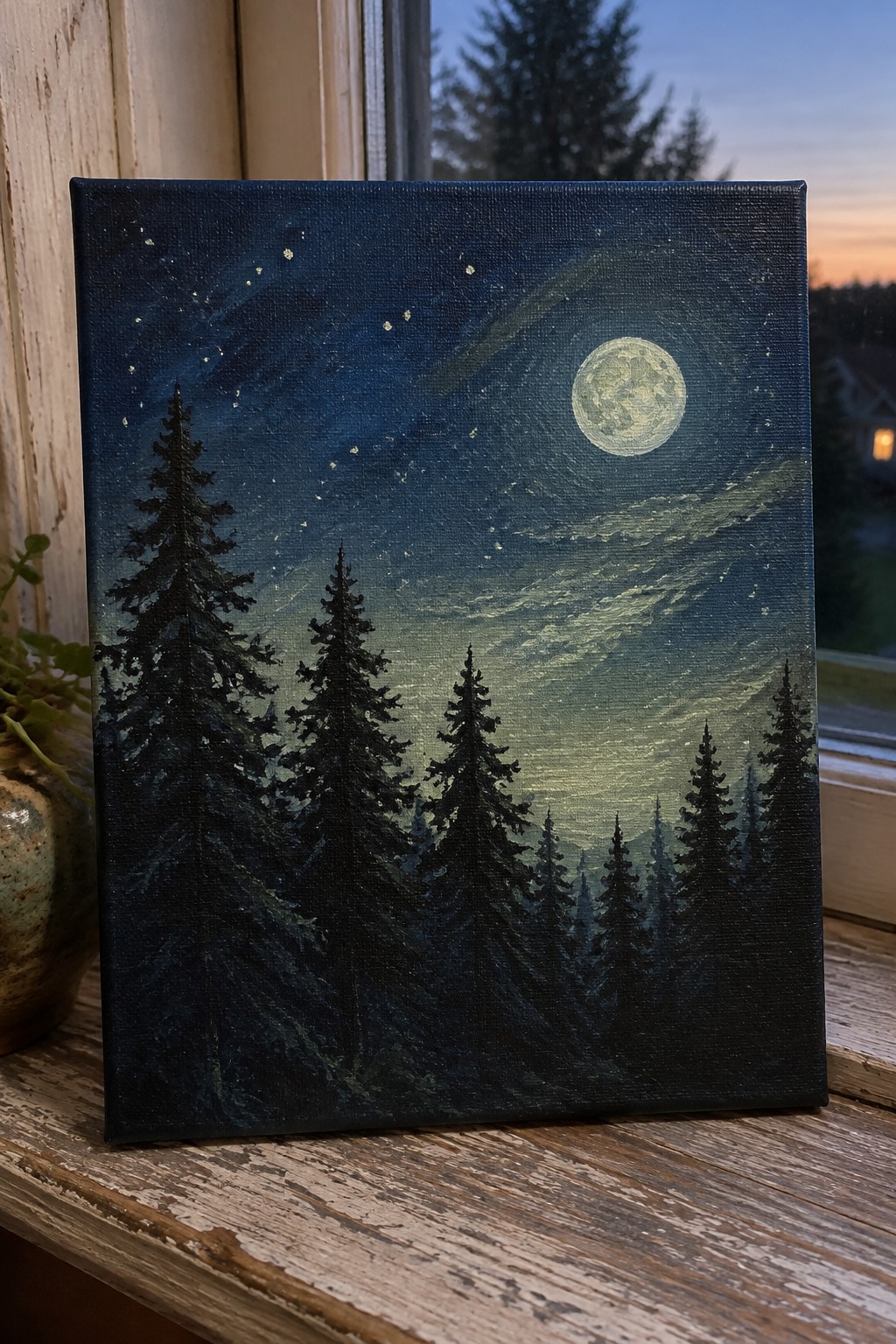Canvas painting of full moon and stars over silhouetted pine forest on windowsill