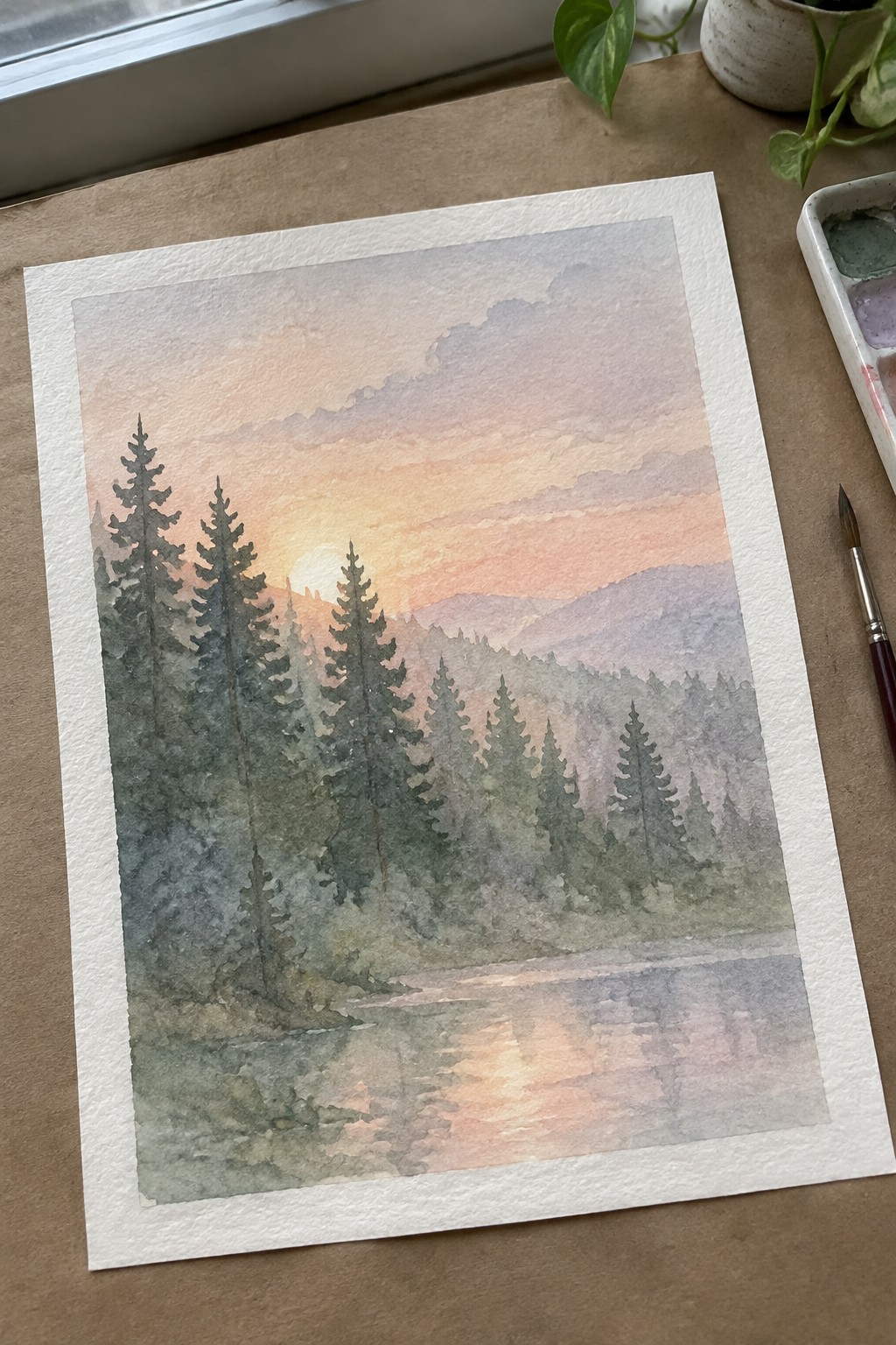 Watercolor painting of pine forest sunset over mountains with lake reflection, paintbrush and palette nearby