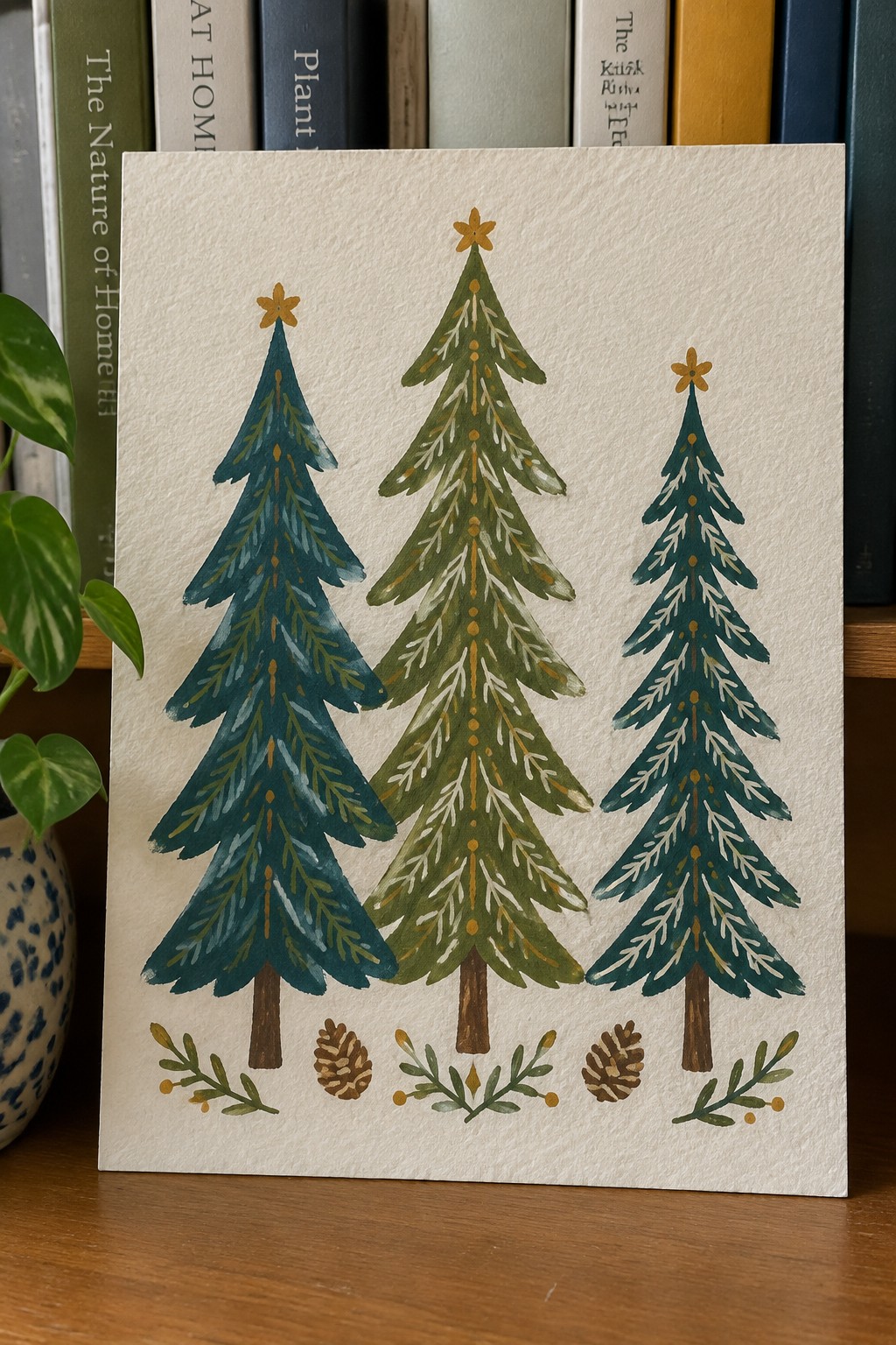 Watercolor painting of three green trees with gold stars, pinecones, and foliage