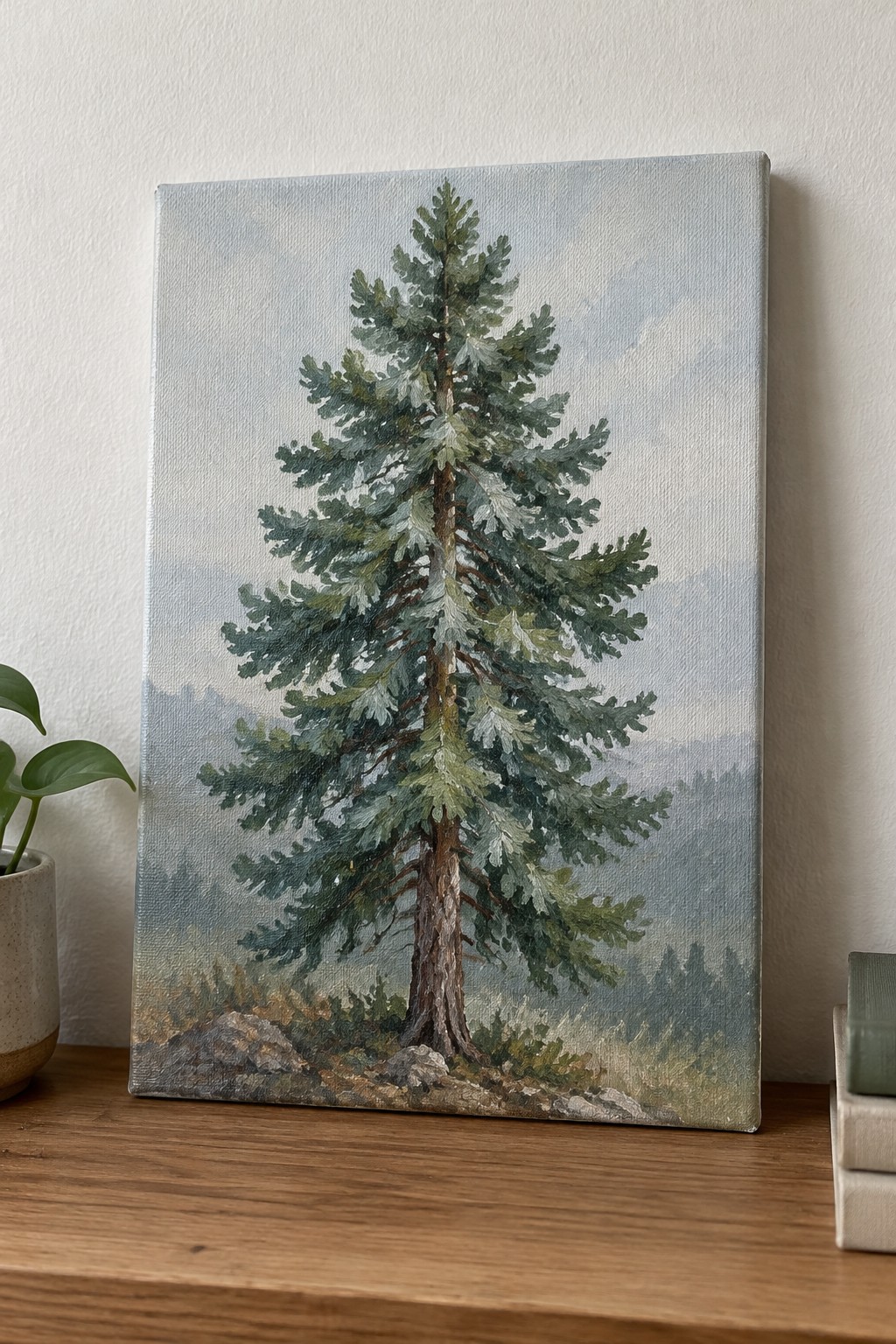 Tall evergreen tree painting on canvas atop wooden surface with plant and books