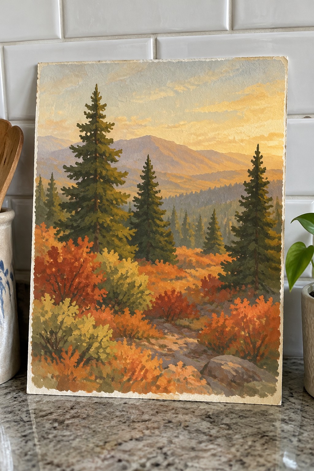 Autumn landscape painting with pine trees, orange foliage, and golden mountain sunset.
