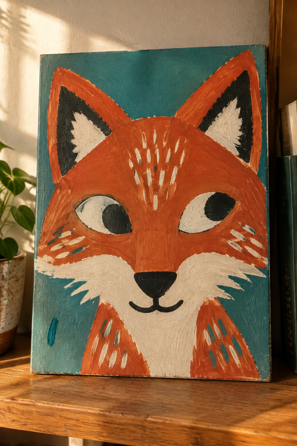 Stylized fox painting with orange fur, white muzzle, and teal background