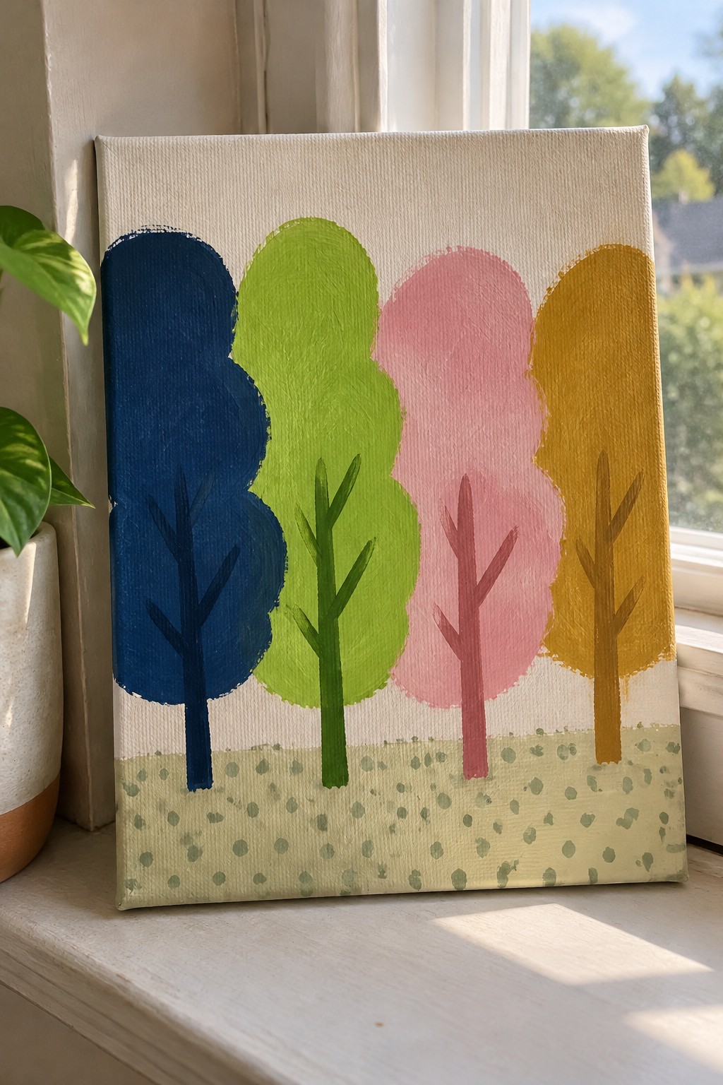 Colorful abstract painting of four trees in blue, green, pink, and yellow on canvas