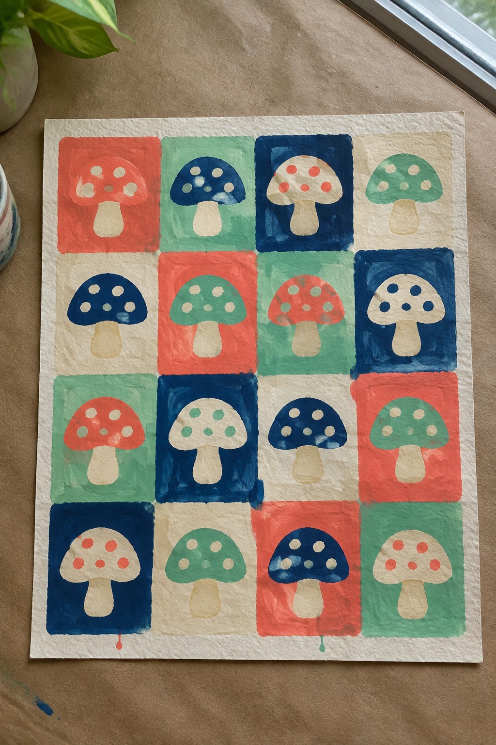 A painting of a 4x4 grid of stylized mushrooms in colored squares with red, blue, green, and cream backgrounds.