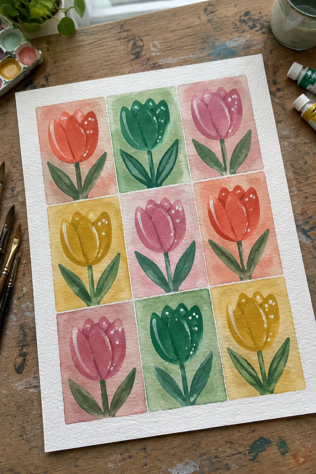 Colorful watercolor tulips in a nine-panel grid on wooden table with art supplies