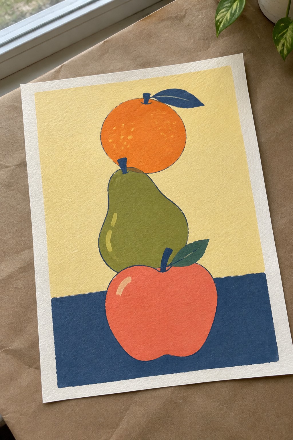 Stacked orange atop green pear and red apple on yellow-blue background
