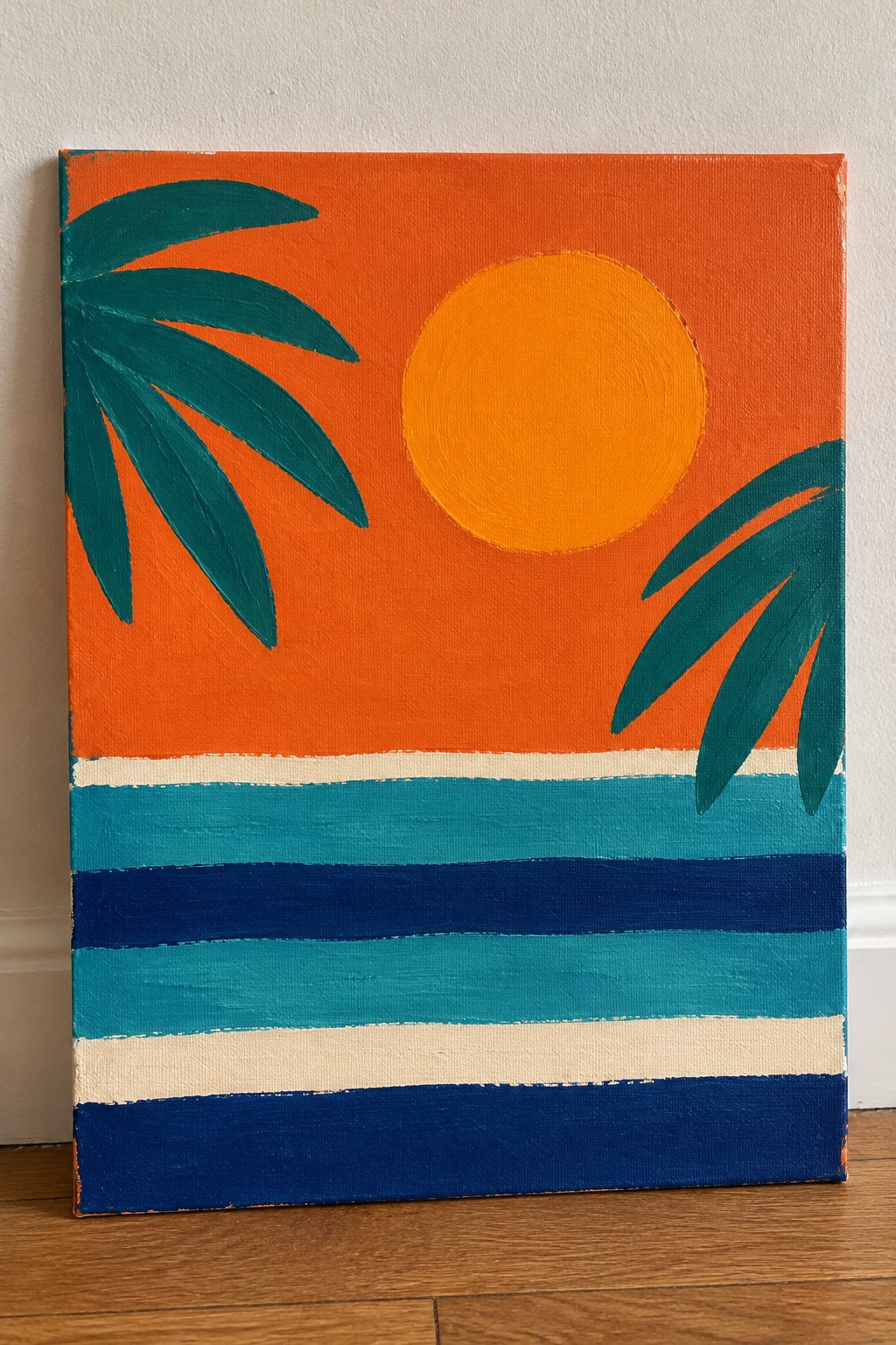 Orange sunset painting with yellow sun, teal palm fronds, and striped blue ocean layers