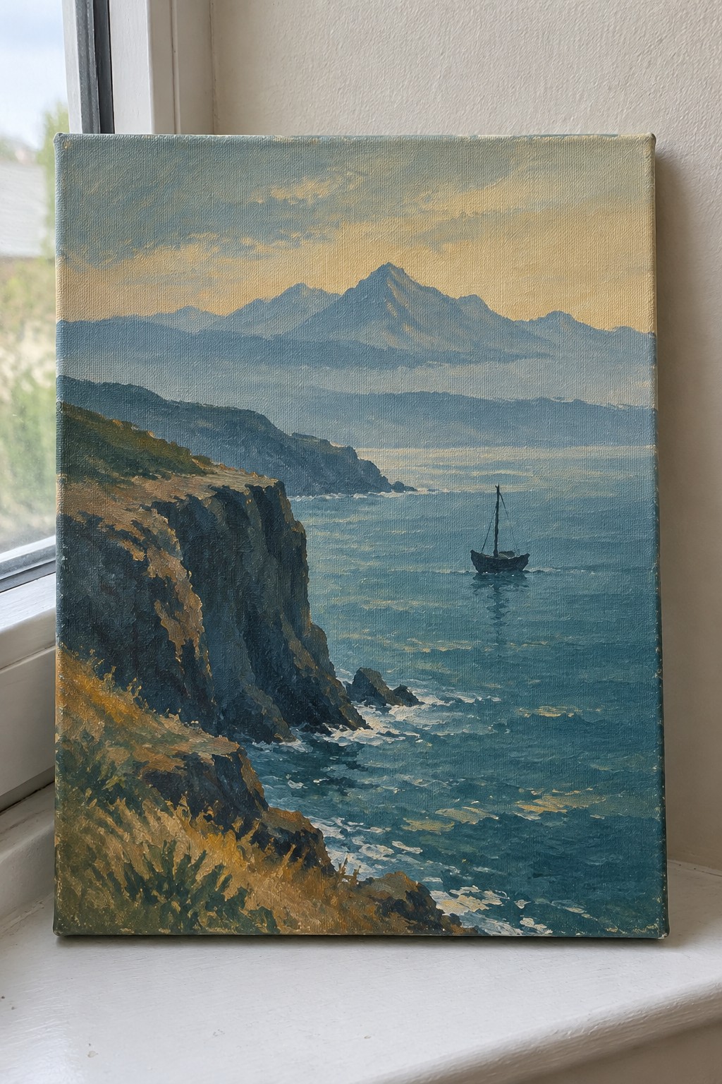 A canvas painting of coastal cliffs on the left, a sailboat on blue water, and layered mountains under a hazy sky, resting on a white windowsill.