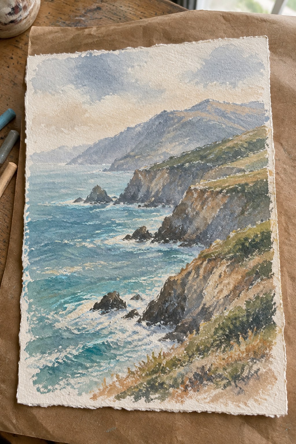 Watercolor of turquoise waves crashing on rocky cliffs with mountains under cloudy sky.