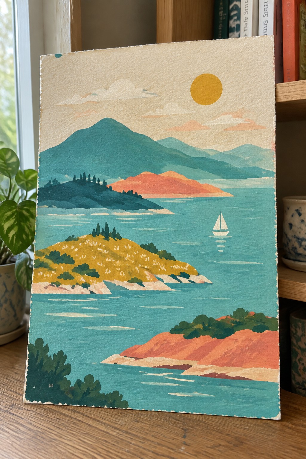 Stylized landscape painting of layered mountains, sailboat on turquoise water, yellow sun above.