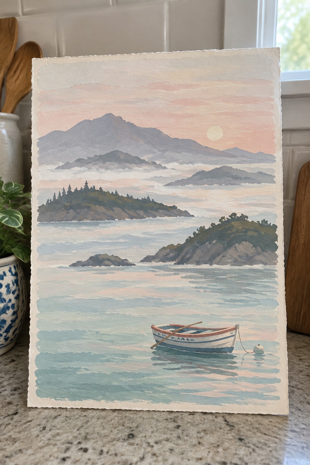 Watercolor of misty mountains and islands with a small rowboat on calm pastel water.