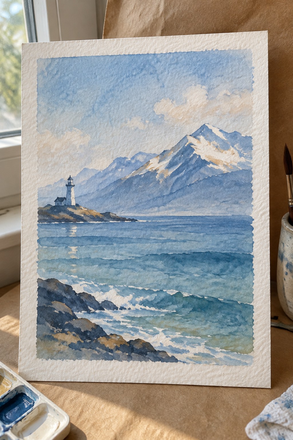 Watercolor painting of lighthouse on rocky shore with blue waves and snow-capped mountains.