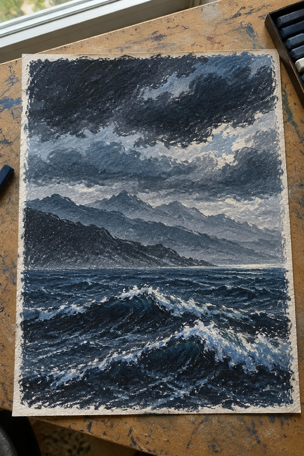 A dark stormy seascape painting showing layered mountains and crashing ocean waves on a wooden table next to chalk pastels.