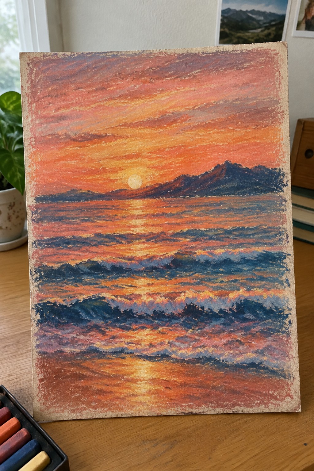 Vibrant pastel sunset over rolling ocean waves with dark mountains and visible crayons