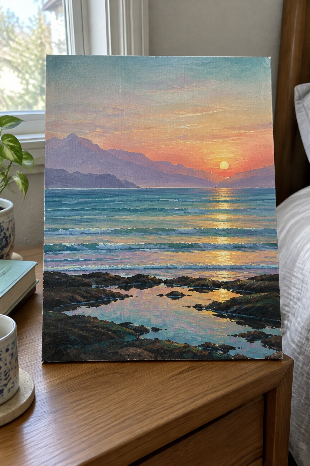 Seascape painting of vibrant sunset over ocean waves, mountains, and rocks on dresser