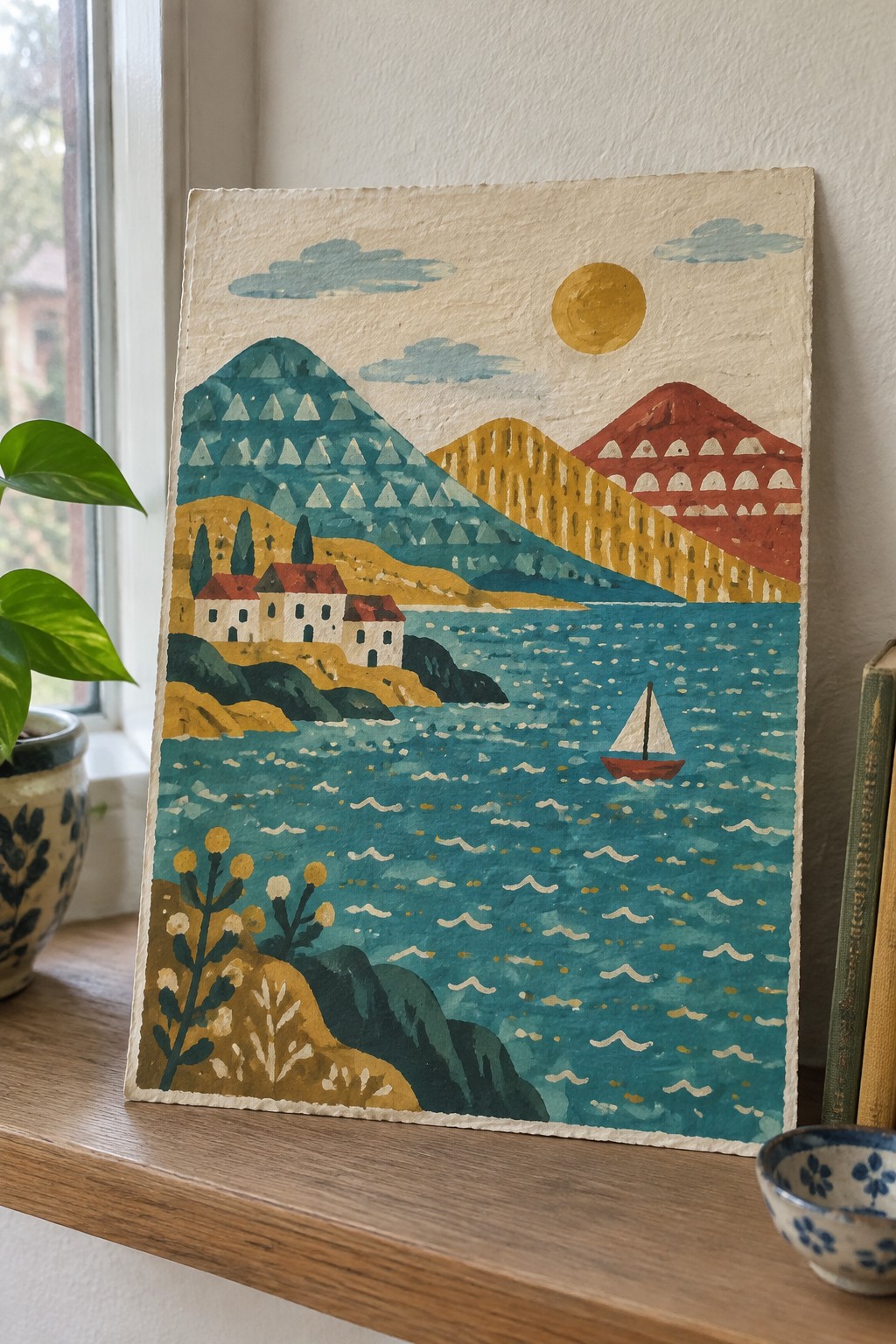 Colorful folk-art landscape with patterned mountains, turquoise sea, sailboat, and red-roofed houses.
