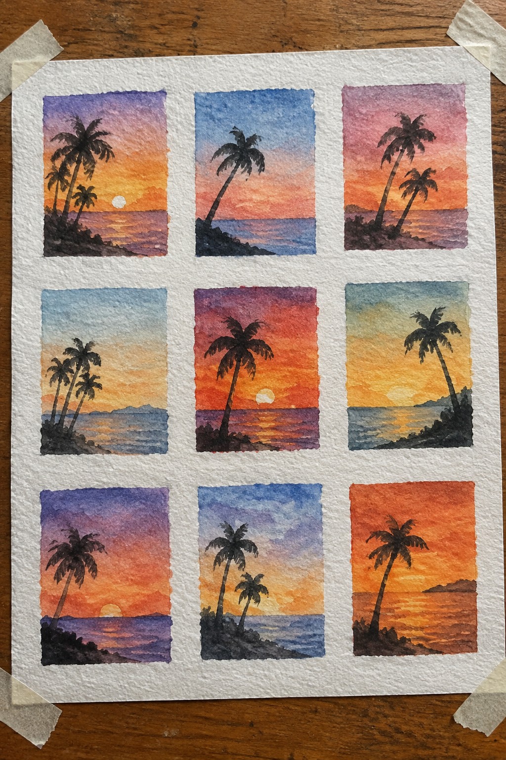 Nine watercolor sunset paintings of silhouetted palm trees by the sea in a grid.