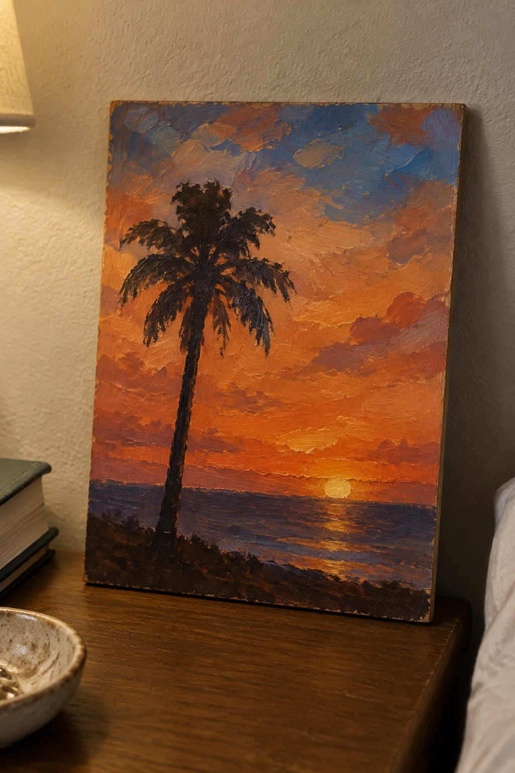 Impasto oil painting of sunset with palm tree on wooden table beside books and bowl