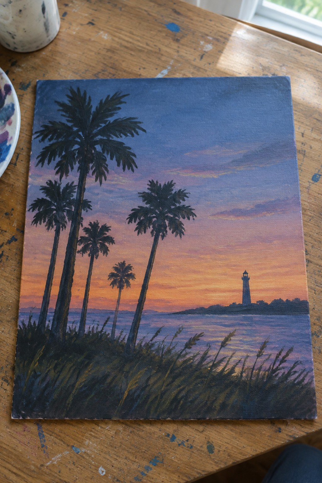 Silhouetted palm trees frame a vibrant orange-purple sunset over water with distant lighthouse.