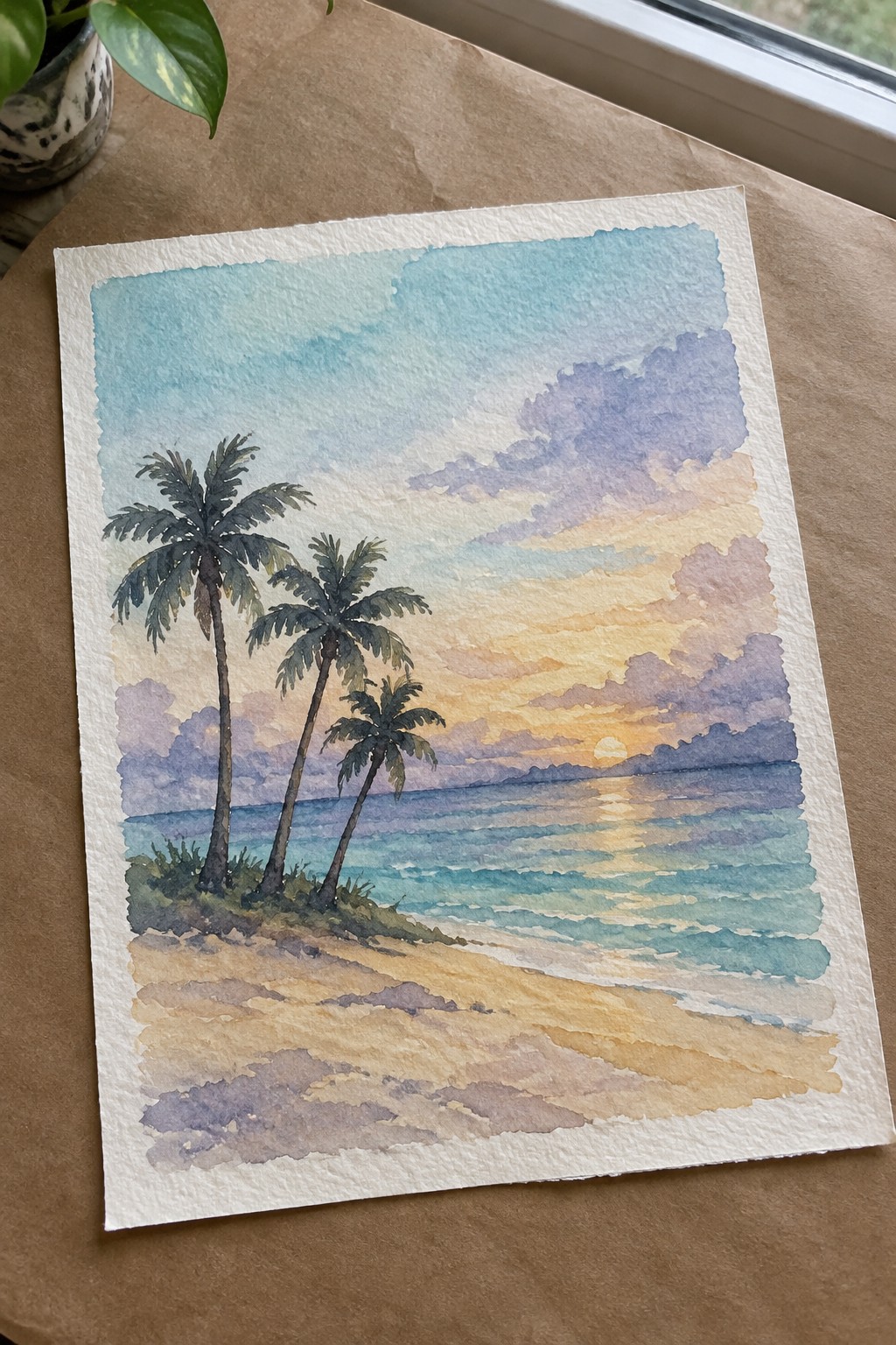 Watercolor painting of three palm trees on sandy beach at vibrant ocean sunset