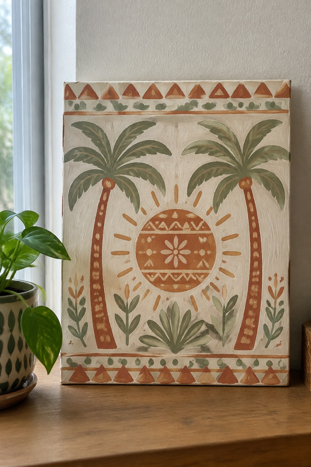 Painted canvas with two palm trees, patterned sun, and geometric borders on wood.
