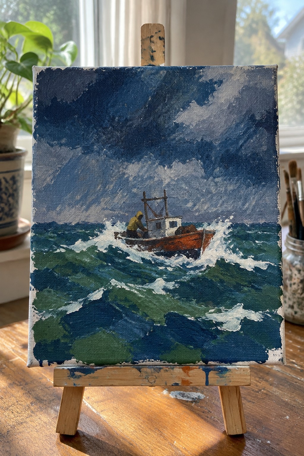 A small canvas painting of a boat on green and blue rough waves under dark stormy clouds, sitting on a wooden easel.