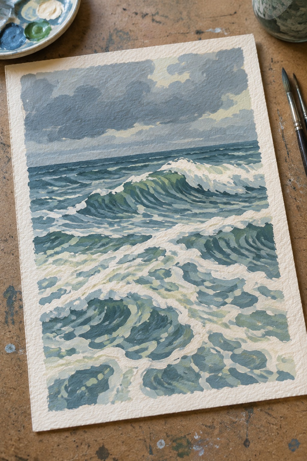 Watercolor painting of crashing green ocean waves under stormy sky with palette and brushes nearby