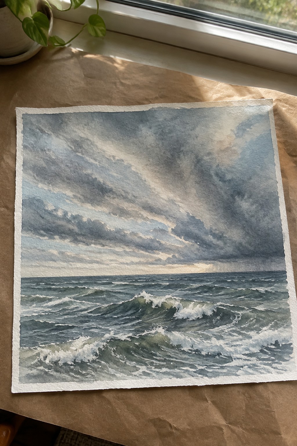 Watercolor seascape of crashing waves beneath stormy clouds on brown paper by a window