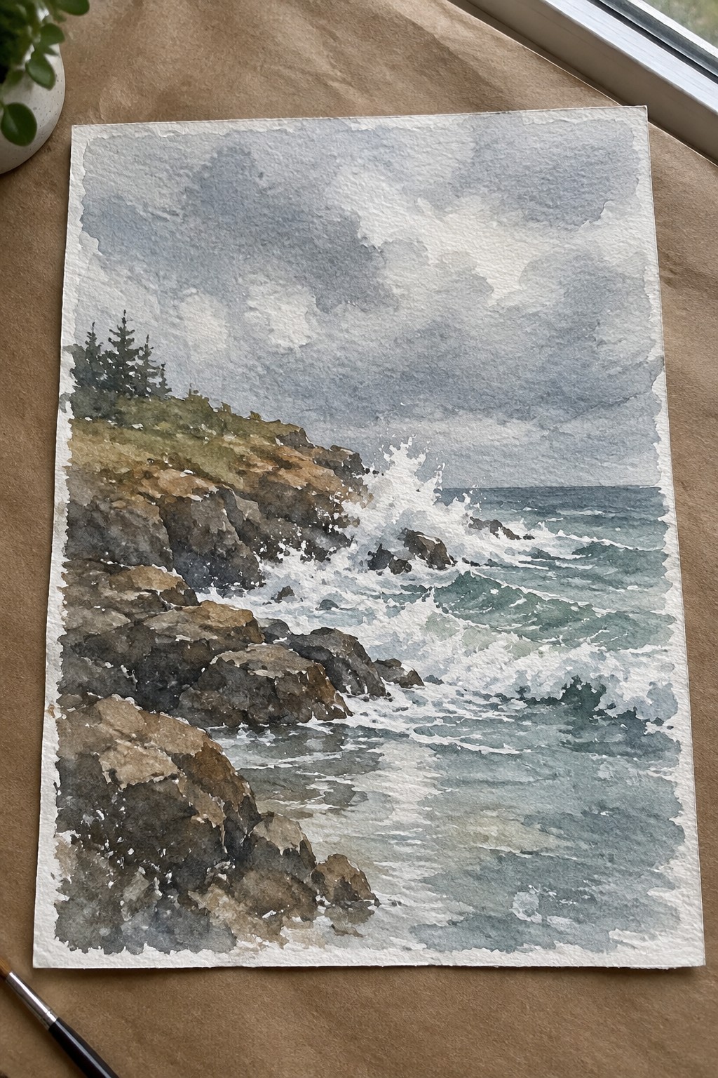Watercolor painting of waves crashing on rocky cliffs under stormy gray skies