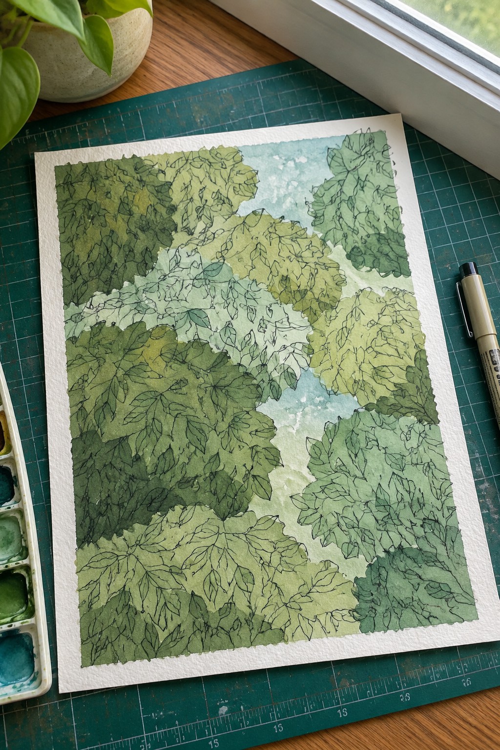 Green watercolor foliage painting with ink outlines on gridded mat beside palette