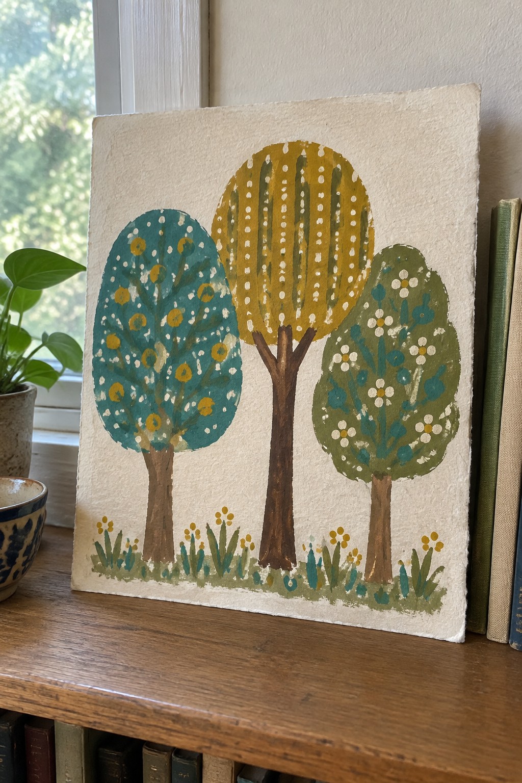 Three stylized trees in teal, yellow, and green on a white canvas