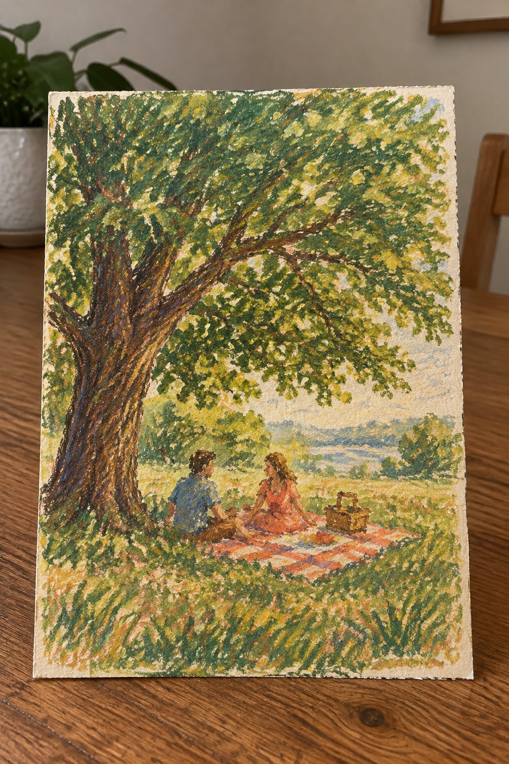 Vibrant painting of couple in blue and red on checkered blanket under leafy tree with basket