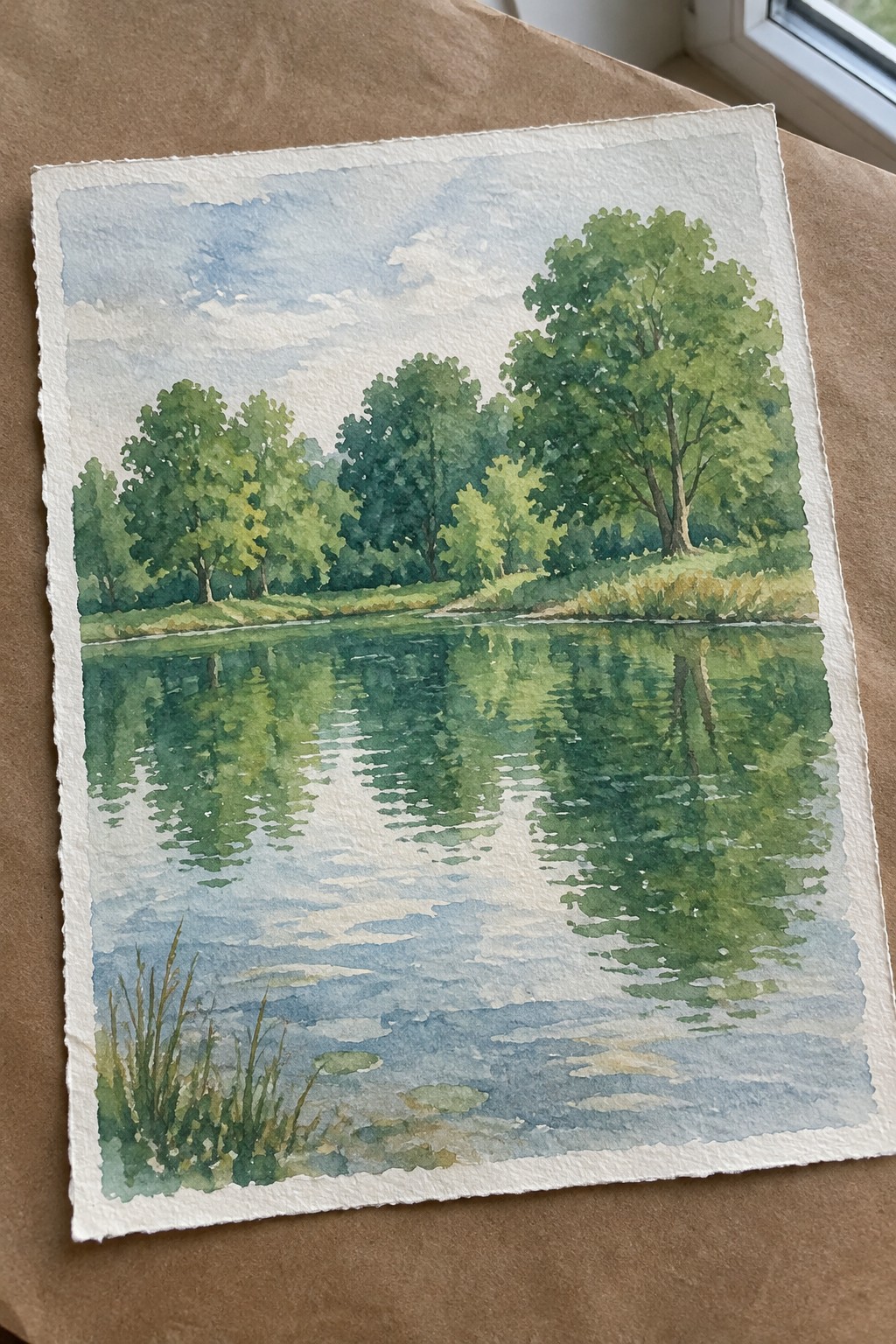 A watercolor painting of a pond with green trees along the far bank and their reflections visible in the still water under a partly cloudy sky.