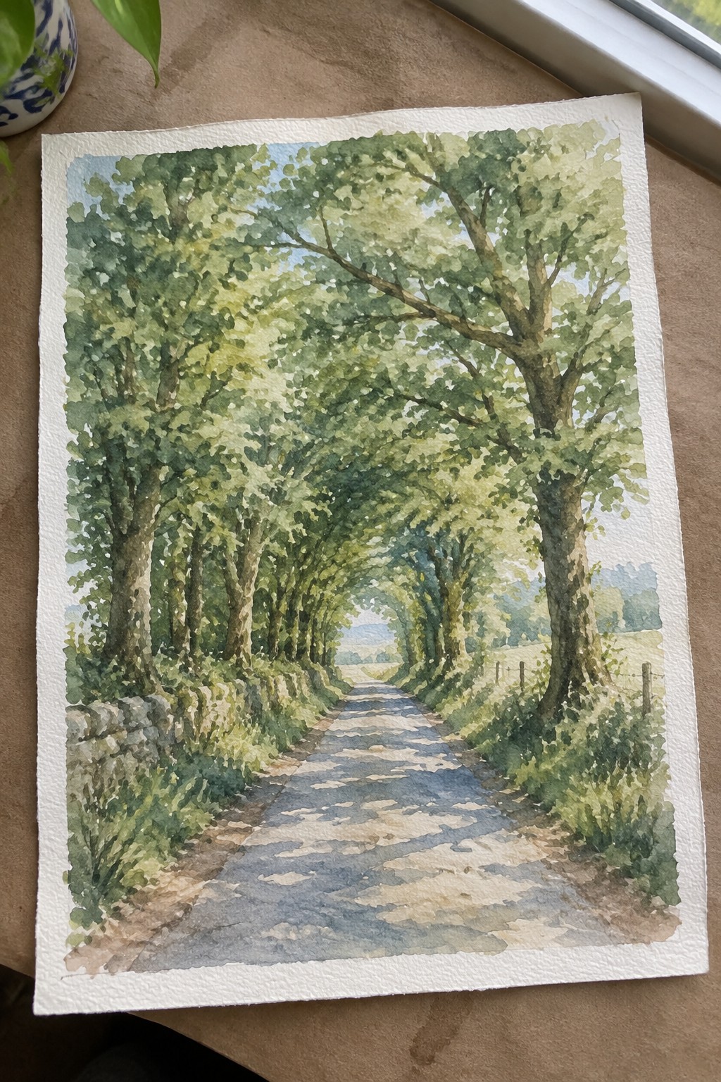 Watercolor of leafy trees arching over a sun-dappled rural path.