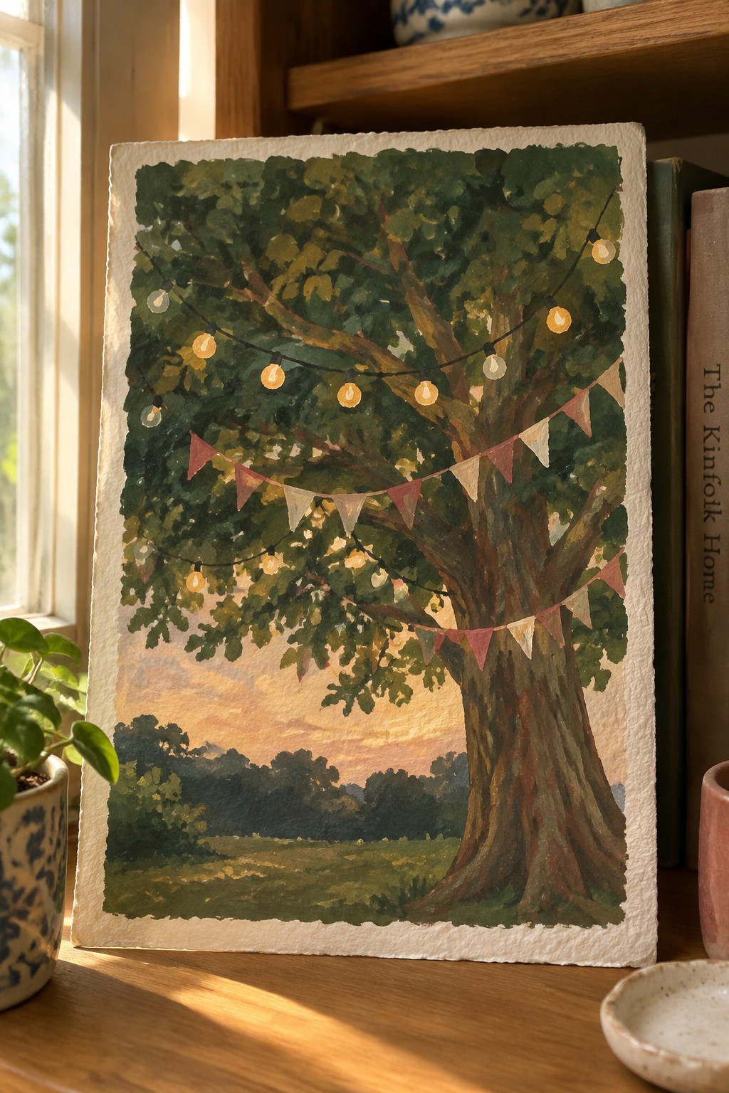 Watercolor of leafy tree with glowing string lights and bunting flags at sunset