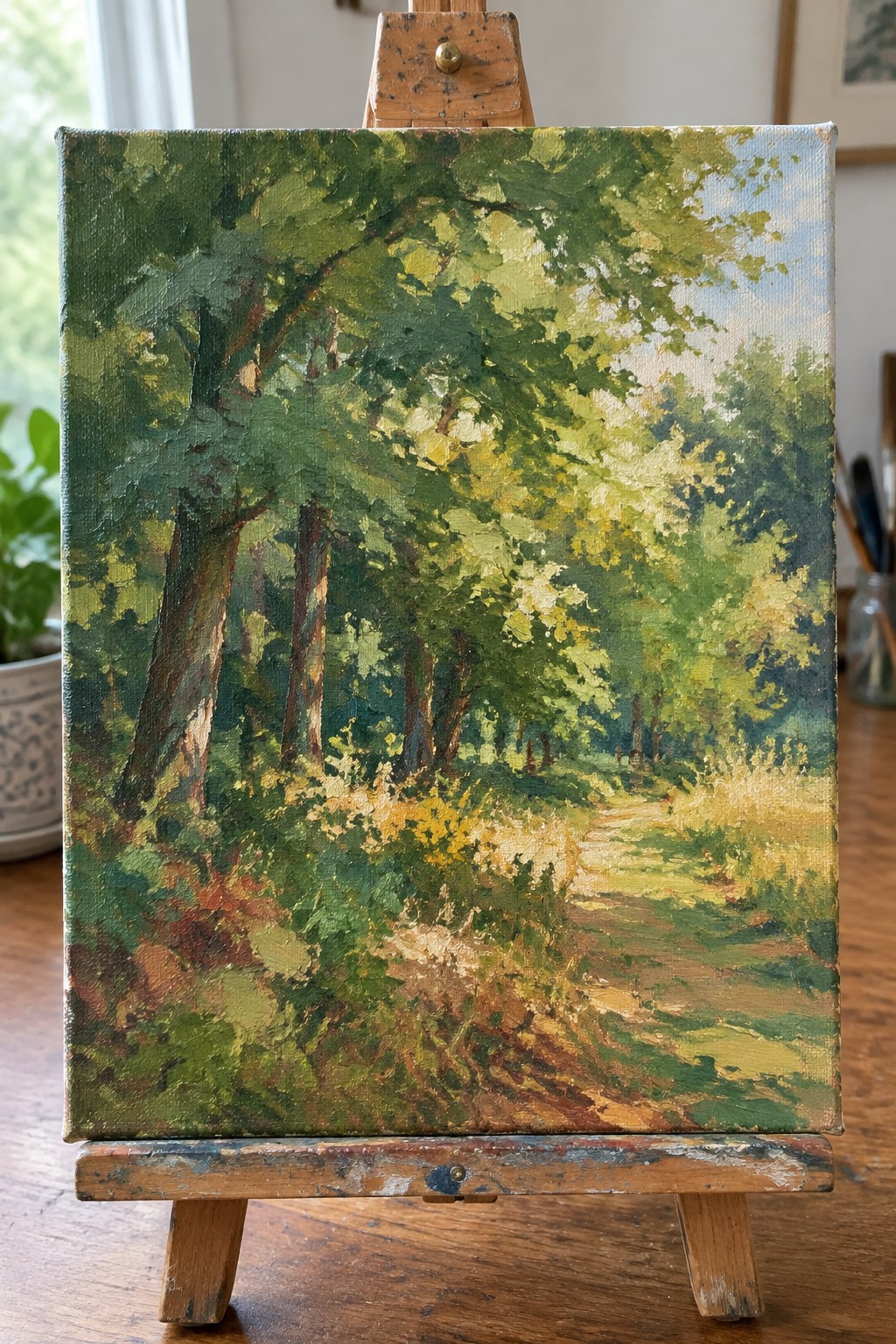 Impressionistic oil painting of sunlit forest path with green trees on wooden easel.