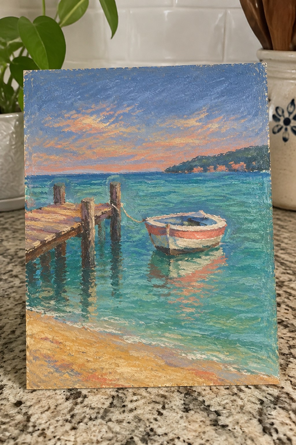 Impressionist painting of boat moored to wooden pier on turquoise water at sunset