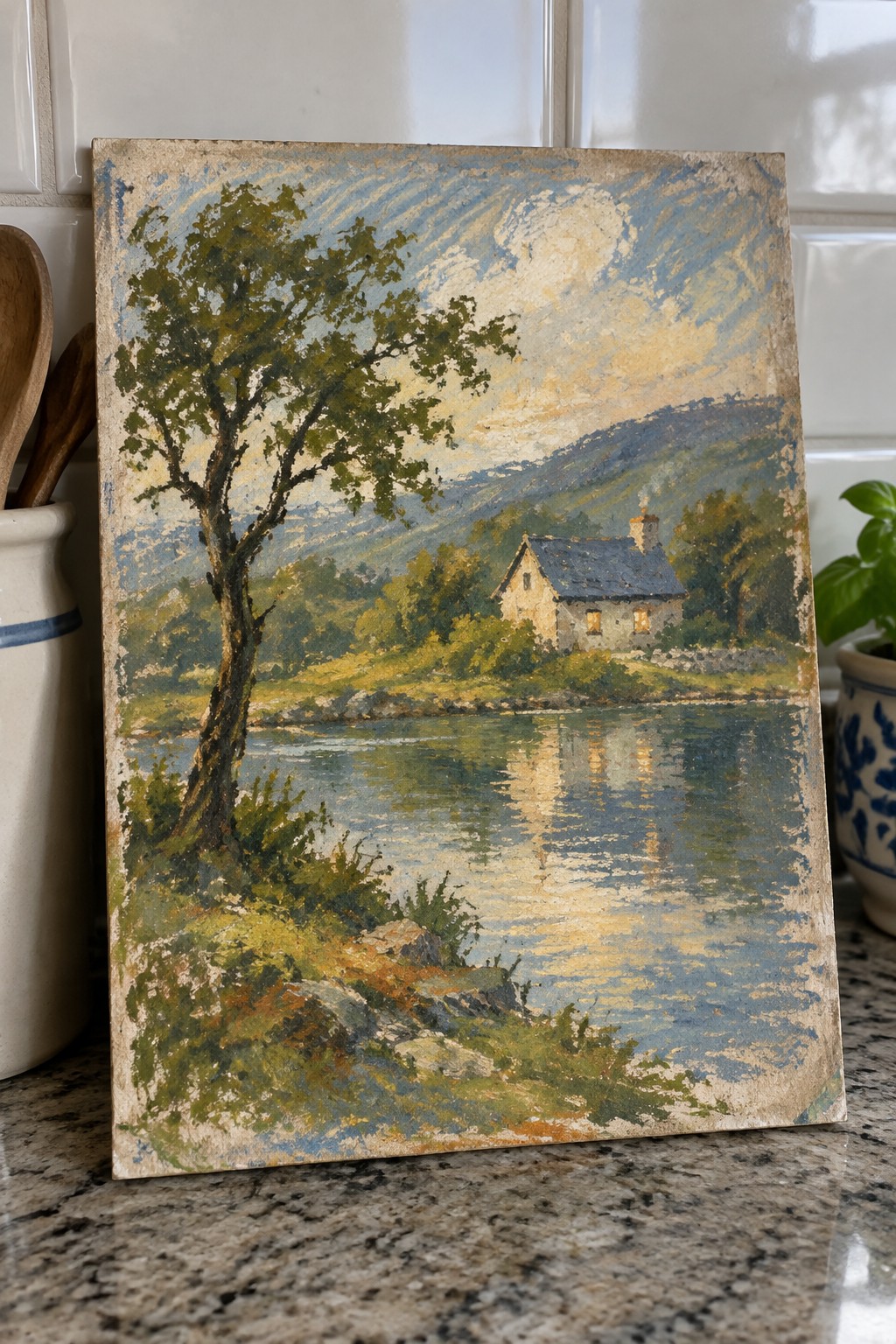 Impressionist oil painting of cottage by reflective lake, tree, hills, and cloudy sky.