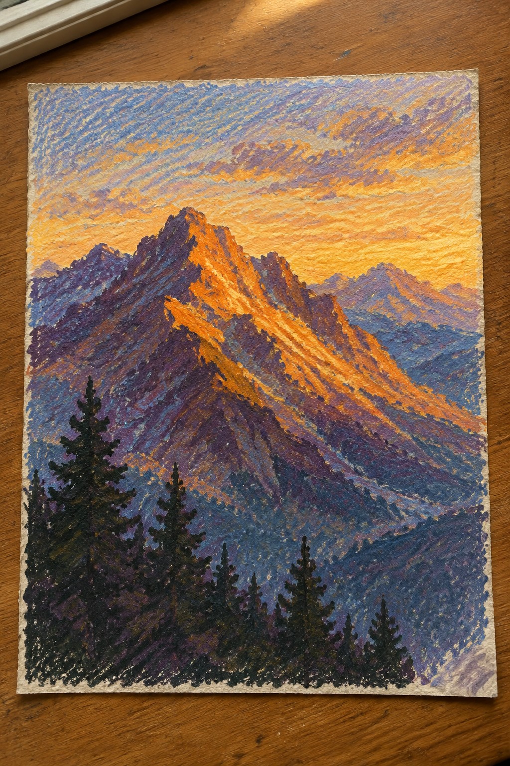 Vibrant painting of orange-glowing mountains at sunset with dark pine trees in front